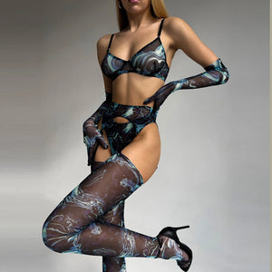Lucid Dreams Midnight Lingerie Set with Sleeves and Stockings