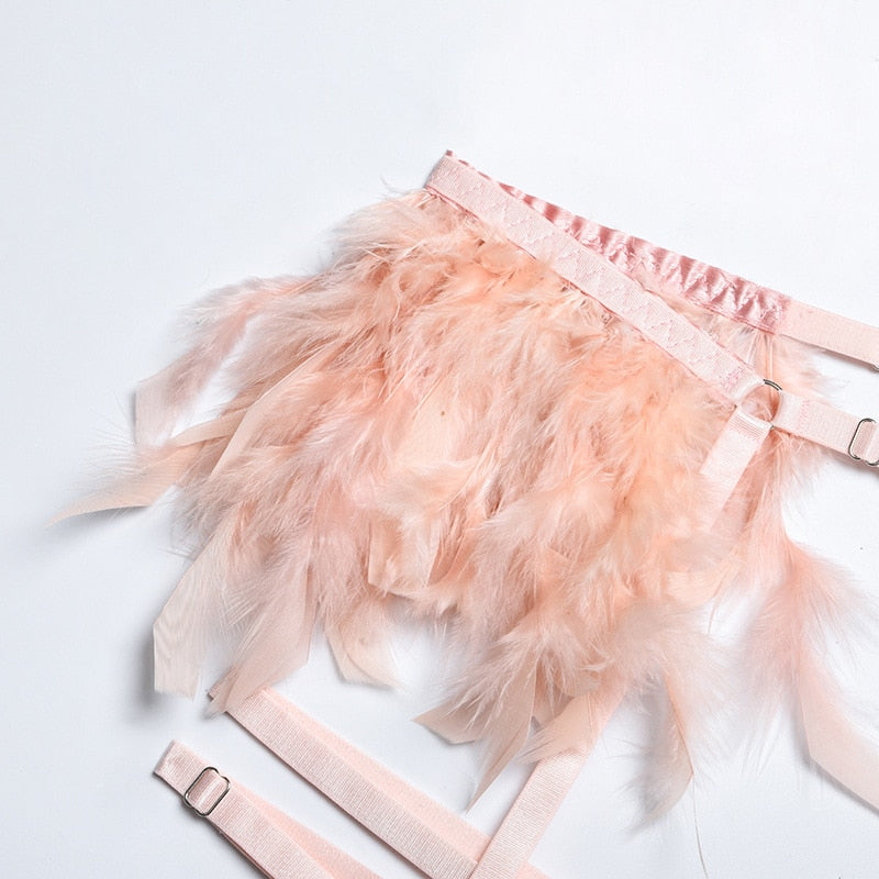 Chain Strap Flamingo Feather Lingerie Set