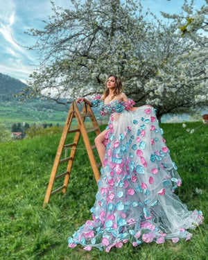 Floral Petal Tulle Train Dress