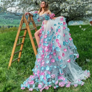 Floral Petal Tulle Train Dress
