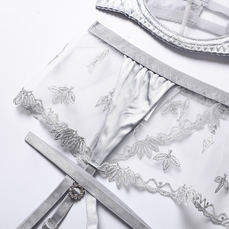 Silver Phoenix Sheer Fashion Lingerie Set With Garter