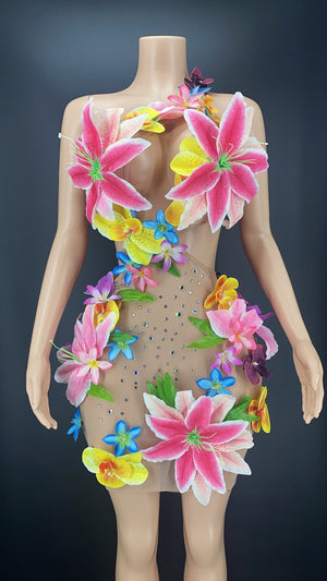 Floral Bouquet Sheer Vase Dress
