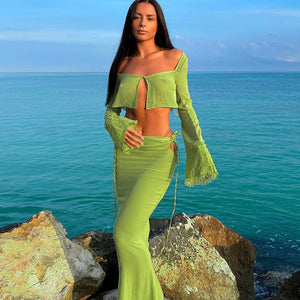 Green Goddess Sheer Lace Sleeve Mermaid Set